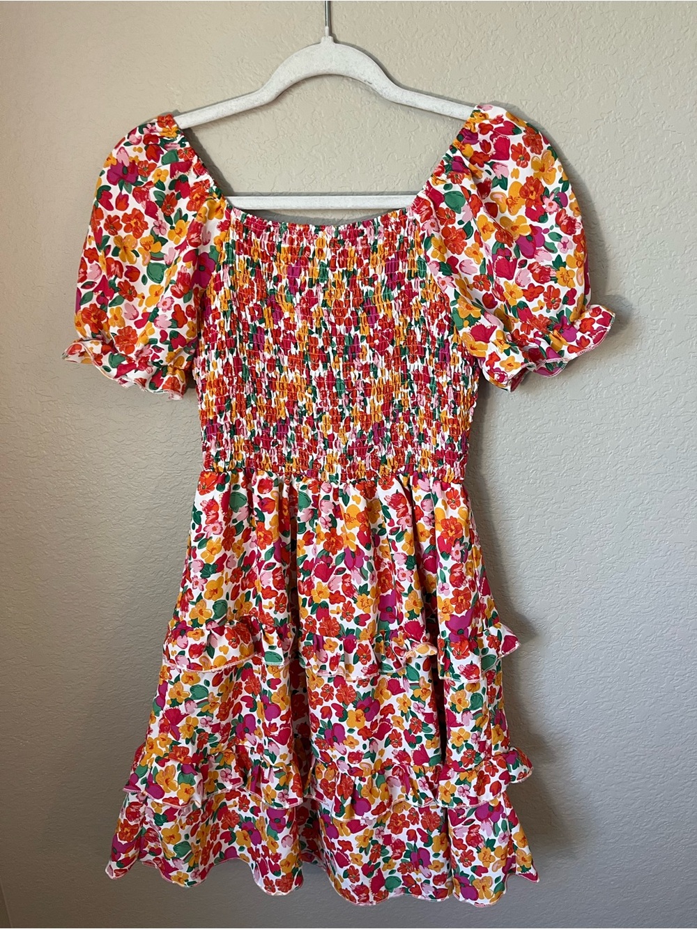 Kirundo Floral Smocked Mini Dress Small Puff Sleeve Tiered Cottagecore Spring - Picture 10 of 10